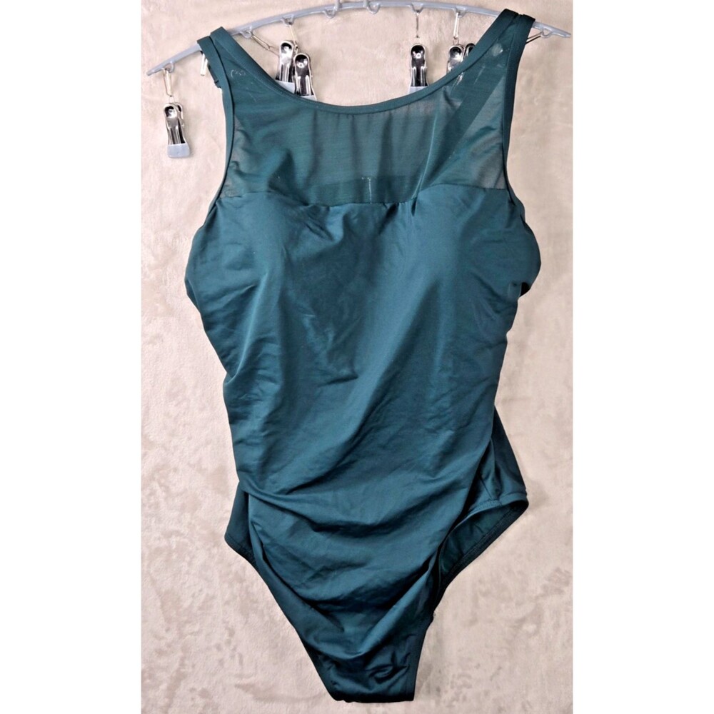 Lands End 16W One Piece Swimsuit Teal Mesh Yoke Underwire Ruched Resort Coastal